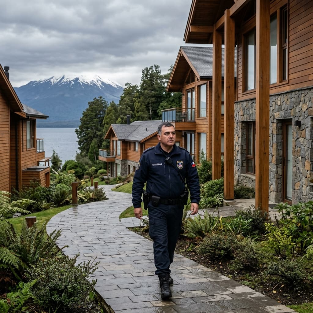 Guardia de seguridad patrullando condominio residencial
